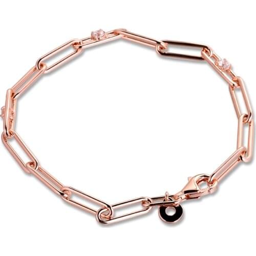 Link Chain & Stones Bracelet Rose Gold Color Snake Chain Fits Original Silver Charms & Beads Woman DIY Fashion Jewelry