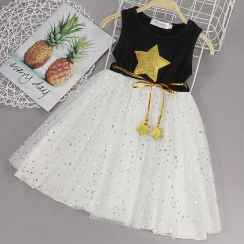 Girl Party Costume Fashion Stars Pattern Sequin Casual Dress Children Sleeveless Ball Gown Summer Clothing For Kids 1-7 Years