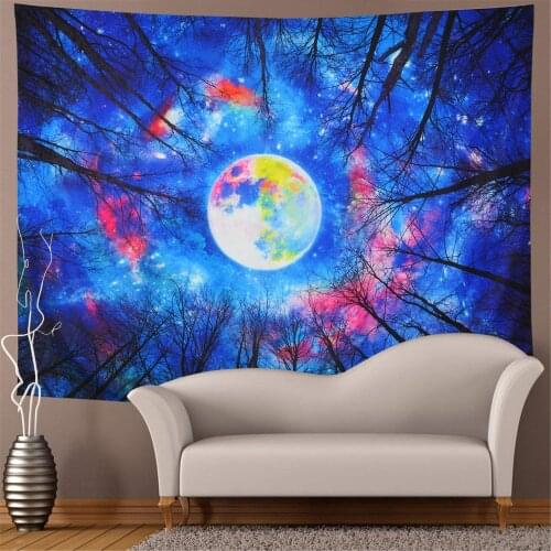 Forest Trees Tapestry Trippy Moon Tapestry Galaxy Sky Tapestry Colorful Starry Night Tapestry Wall Hanging for Living Room Tapiz