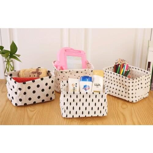 1PC Cute White Dots Stars Cotton Linen Sundries Storage Basket Box with Handle Toys Cosmetic Makeup Snacks Organizer OK 0459