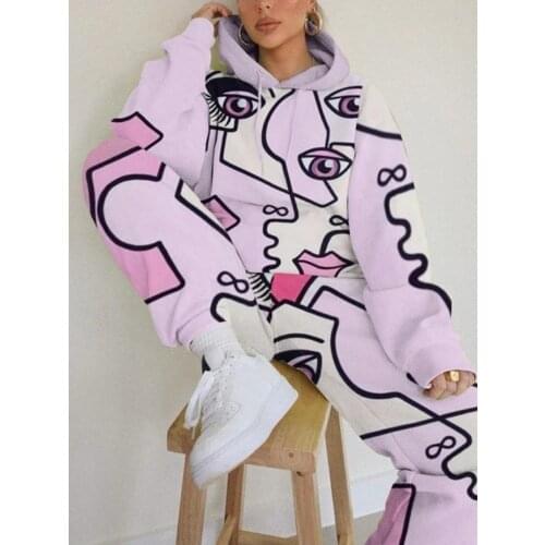 Fun Eyes Printed Hoodie Sweatshirt And Pant Set Two Pieces For Women Autumn Winter Sportsuits Loose Plus Size Fashion Girls Look