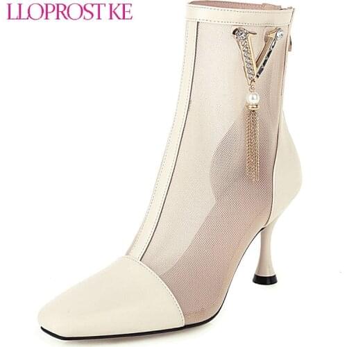 Lloprost ke 2021 Summer Zipper Boots Sandals Black Beige Mesh Sexy Square Toe Women Shoes High Heel 8CM Thin Heel Ladies Boots