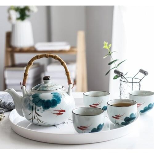 Set of Ceramic Goldfish Tea Pot Tea Cup Water Cup Lotus Design Tea Kettle Teaware Set (4 cups+1 teapot)