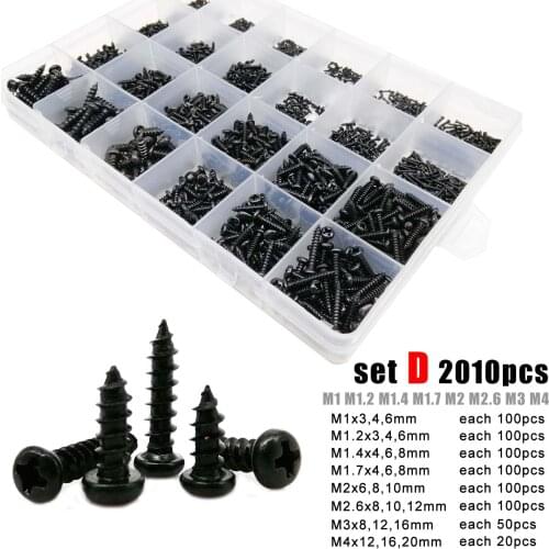 700/1000/2010pcs M1 M1.2 M1.4 M1.7 M2 M3 M4 Black Steel Phillips Pan Cross Round Head Self-tapping Wood Screw Set Assortment Kit