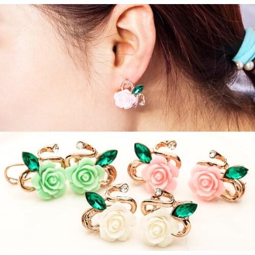 New Classic Water Drops Green Crystal Flower Stud Earrings Rose Flowers Earring For Women Rhinestone Green Jewelry Bijoux Gift