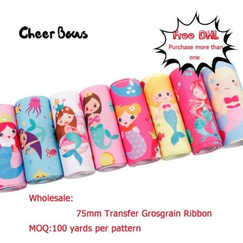 Wholesale Cartooin Ribbon Mermaid Transfer Grosgrain Ribbon 75mm DIY Hair Bow Accessories Ribbon For Crafts 100yards