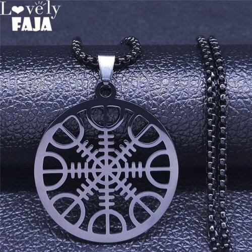 Classic Viking Vegvisir Compass Necklace Stainless Steel Nordic Runes Odin Black Color Necklaces Celts Ethnic Jewelry N3033S02