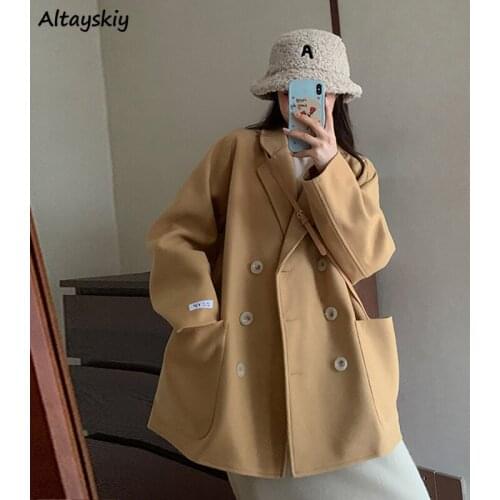 Blends Women Teens Solid Long Sleeve Korean Coats Chic Design Wide-waisted Warm Clothing BF Khaki Temperament Big Pockets Spring