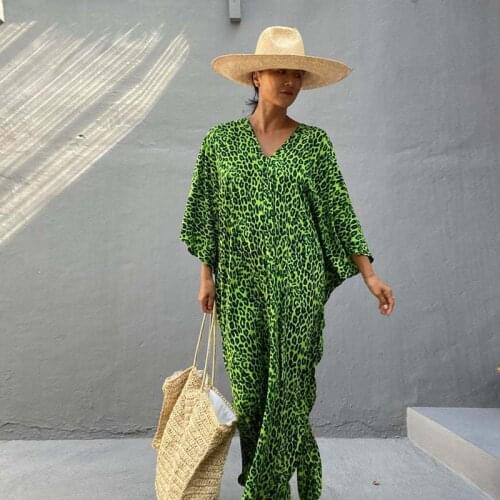 Green Leopard Print Womens Dress Comfy Lounge Wild Animal Camouflage Color Kaftan Airy Gown Chic Summer Long Tunic Resortwear