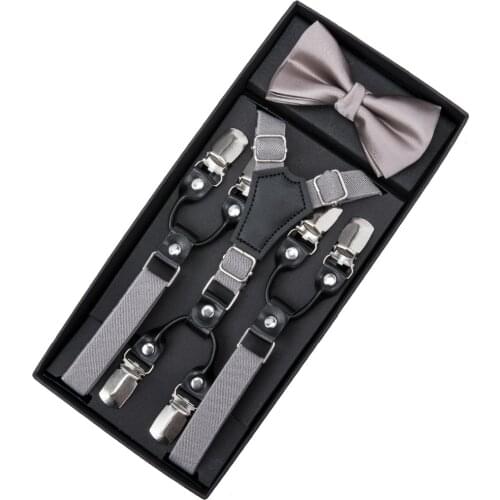 DiBanGu Fashion Suspender Gray Solid leather 6 Clips Braces Boys Girls Vintage Casual Suspensorio Trousers Strap BH-0024