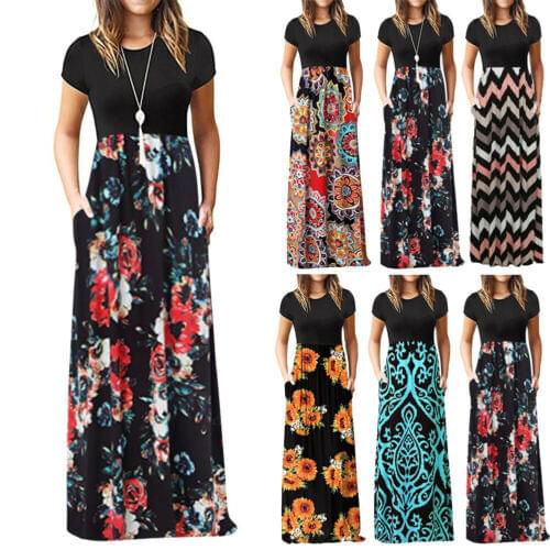 Retro Floral Print Boho Dress Women Long Maxi Dress Evening Party Beach Summer Dress Vestidos Short Sleeve Split Dresses