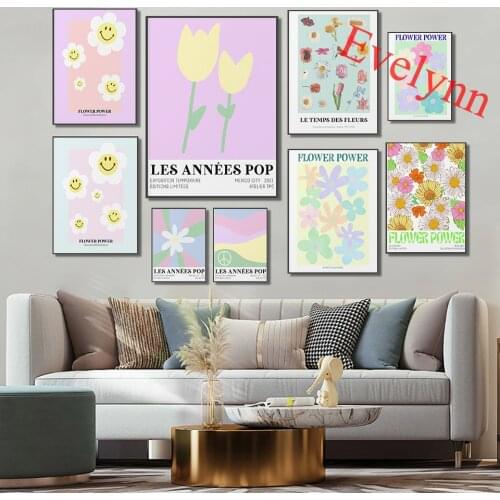 Happy Hippie Print | Floral 70s Hippie 60s Retro Poster Abstract Artwork Smiley Face Pastel Pink Nursery Art Home Decor Canvas