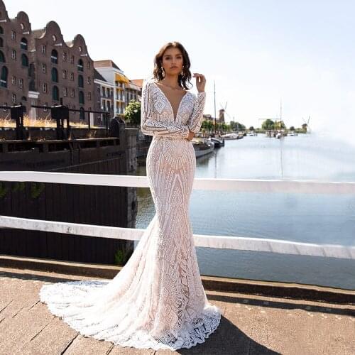 Champagne Mermaid Wedding Dress 2021 Fashion Applique Robes Mariage En sirène Bridal Gown Backless Vestido De Novia