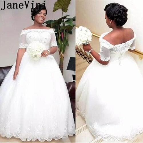 JaneVini Off the Shoulder Wedding Dress Half Sleeves Luxury Crystal Beadings Lace Appliques Tulle Brides Dresses for Weddings