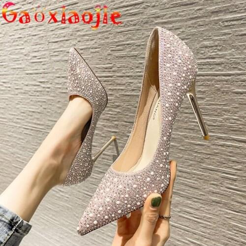 2021 New 10CM Elegant Women Pumps Glitter Pearl Diamond Wedding Bridal High Heels Lady Fetish Fashion Prom Party Stiletto Shoes