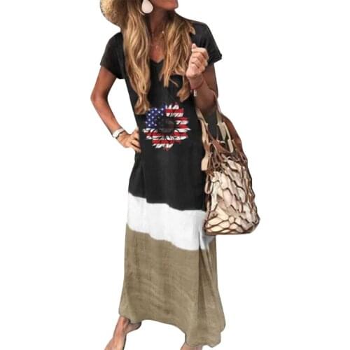Women Summer Short Sleeve V-Neck Maxi Long T-Shirt Dress Gradient Color Block American Flag Sunflower Print Sundress