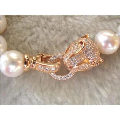 18INCH 8-9 MM AAA++ GENUINE WHITE SOUTH SEA AKOYA PEARL NECKLACE Leopard Head crystal clasp