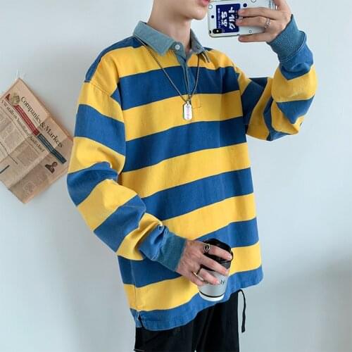 2020 long-sleeved ins loose-fitting mens fashion korean version of striped polo shirt students put on clothes
