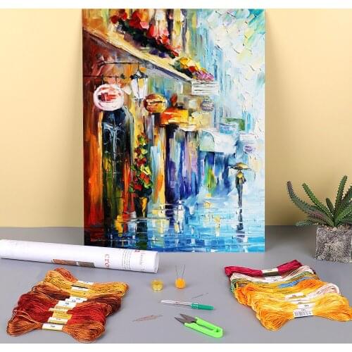 Downtown Stroll Printed Water-Soluble Canvas 11CT Cross Stitch Kit Embroidery DMC Threads Knitting Needlework Hobby Mulina
