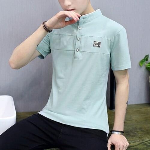 Spring Summer Mens Short Sleeve T-shirt Leisure Mens Clothing Casual Stand Solid Worsted Tshirt Pullover White Green Black