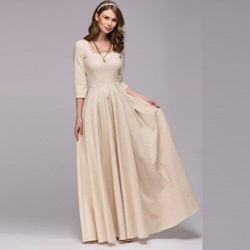 Fashion Office Lady Boho Maxi Woman Dress Middle Sleeve Solid Vintage Beach Dresses A-Line Zip Party Vestido