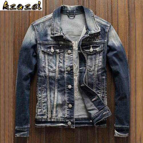Original Biker Mens Denim Jacket Summer Slim Fit Male Suit Jeans Jackets and Coats Plus Size 3XL Devil Embroidery Pattern A987