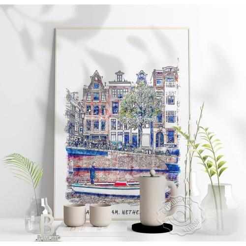 Watercolor City Netherlands Amsterdam Poster, Netherlands Scenery Art Print, Amsterdam World Travel Wall Stickers Home Art Decor