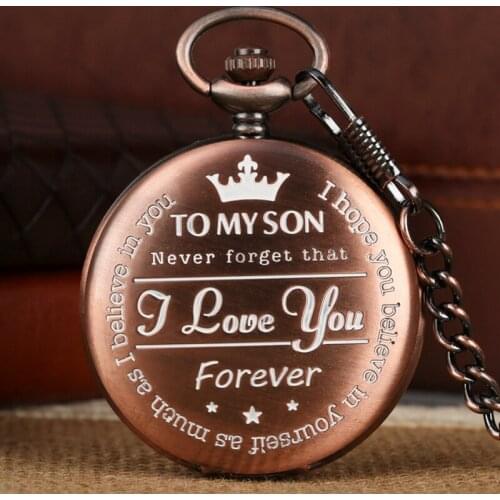 Top Luxury Rose Gold To My Son Engraved Quartz Pocket Watch Chain Creative I LOVE YOU Birthday Gifts for Men Son as Collectibles