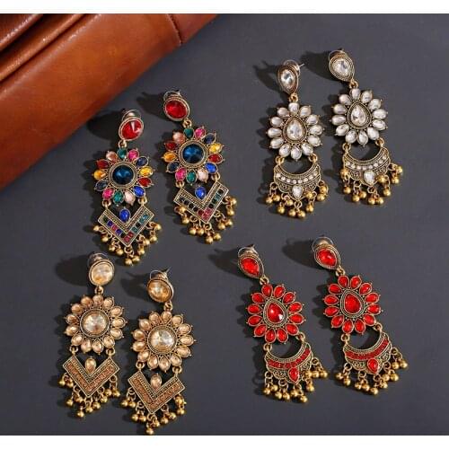 Luxury Red Rhinestone Flower Wedding Earrings For Women Orecchini Jewelry Ladies Retro Indian Jhumka Earrings