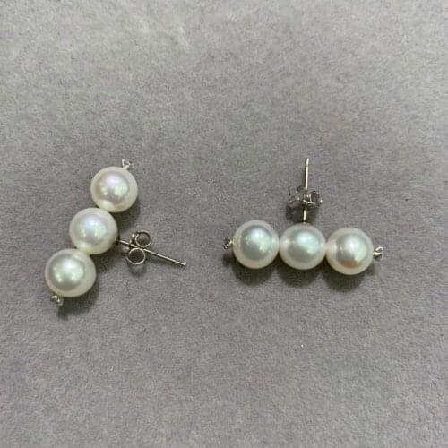 7-8MM natural fresh water pearl stud earring 3 pearls together 925 sterling silver with cubic zircon fine women jewelry