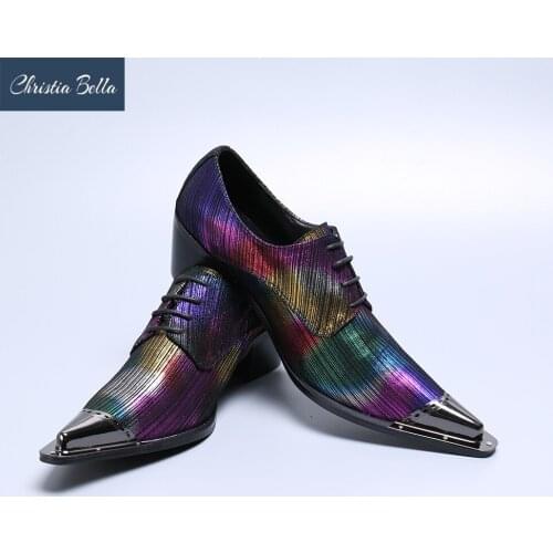 Christia Bella Fashion Color Stripe enuine Leather Men Business Shoes Plus Size Lace Up Metal Pointed Toe Formal Dress Shoes