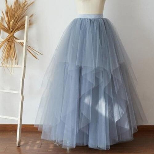 New Dusty Blue Long Tulle Skirts Womens Quality Brand Floor Length Formal Wedding Bridal Bridesmaid Maxi Skirt Zipper High Waist
