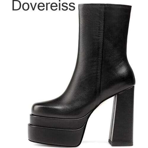 Dovereiss Fashion Female Boots Winter Sexy Elegant Zipper Ankle Platform Waterproof Genuine Leather Chunky Heels Ankle Boots 40
