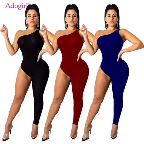 Adogirl Women Sexy Solid One Shoulder Single Leg Jumpsuit Sleeveless Skinny Romper Night Club Overalls