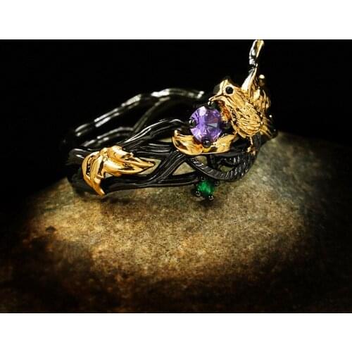 Charm Female Purple Green Crystal Ring Vintage 14KT Black Gold Wedding Ring Promise Bridal Bird Engagement Rings For Women