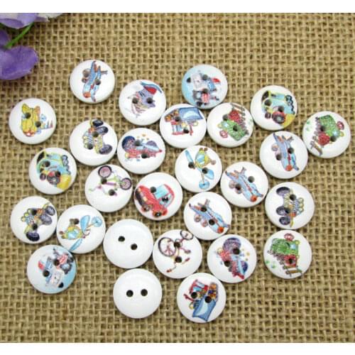 100pcs Mixed White Round Transportation Toy Series Pattern Wooden Buttons For Clothes Crafts Sewing Scrapbooking DIY Accessorie