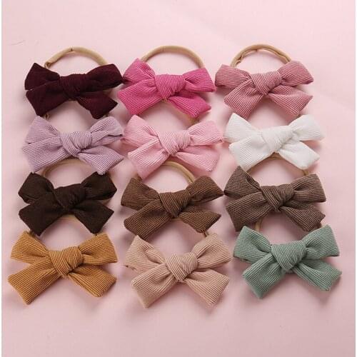 20 pcs/lot, 4.3" Corduroy Bow Baby Headbands, Skinny nylon headband, hand tied schoolgirl bow Corduroy hair clips