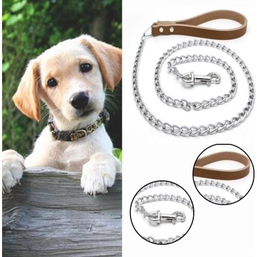 50% Dropshipping!!Pet Traction Rope Cowhide Handle Anti-bite Iron Pet Leash Chain with Buckle Pet Supplies