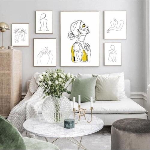 Abstract Women Line Drawing Nordic Poster&Prints Modern Canvas Painting Art Yellow Girl Wall Picture Bedroom Home Decor Single