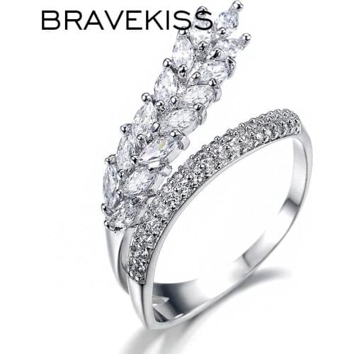 BRAVEKISS Luxury Crystal Leaf Shape Bypass Ring for Women Fashion Jewelry Trendy CZ Finger Band Open Rings Girls Gift BUR0159