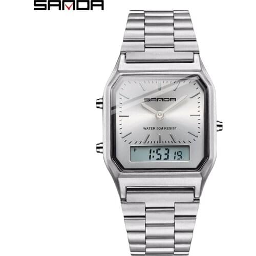 Retro Classic Men Watches SANDA 747 Dual Display Quartz Watch Man Stainless Steel Wristwatches Clock Electronic LED Digital 2020