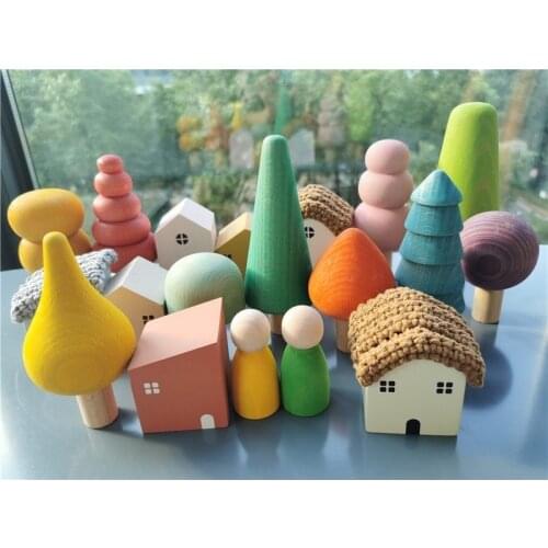 Kids Wooden Toy Color Nordic Buiding Blocks Stacking Crochet House Forest Hedgechog Unpaint Wooden Trees Montessori Toy