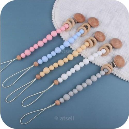 Baby Pacifier Clips Silicone Beads Wooden Ring Pacifier Chain Infant Nipple Appease Soother Chain Clips Dummy Holder Nipple Clip