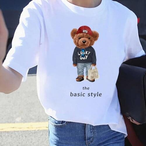 BLINGPAW Graphic T Shirts Cute Teddy Bear The Basic Style Letter Print T-shirt White Cotton Unisex Tees Summer Custom Tee Shirts