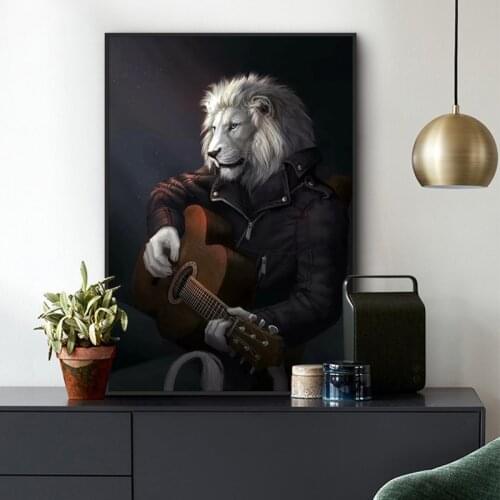Lion Gentleman Playing Guitar Picture Animal Art Painting Print on Canvas Wall Canvas Art for Living Room Quadros Home Decor