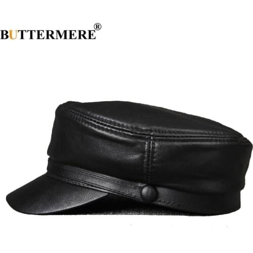 BUTTERMERE Leather Military Caps For Men Black Casual Flat Caps Army Women Genuine Leather Vintage Autumn Winter Military Hats