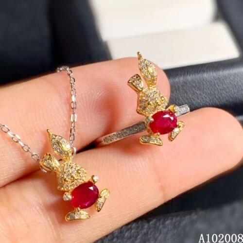 KJJEAXCMY Fine Jewelry 925 Sterling Silver Inlaid Natural ruby Gemstone trendy rabbit Ring Necklace Pendant Set Support test