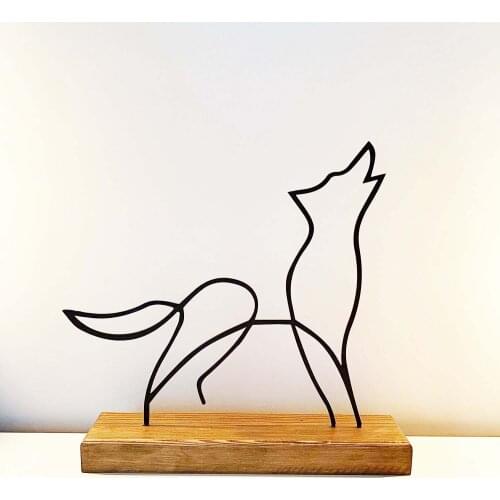 Minimal Kurt Heykeli Dekoratif Ev Aksesuarı - Ahşap ve Metal Ofis Hediyelik Eşya, Masaüstü Dekoratif Kurt Figür (Siyah)