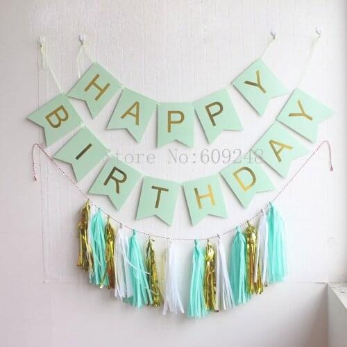 Mint Happy Birthday Party Decorations Set,Mint Green Banner Bunting Flag,Gold Foil Mint White Tissue Paper Tassel Garlands Bulk