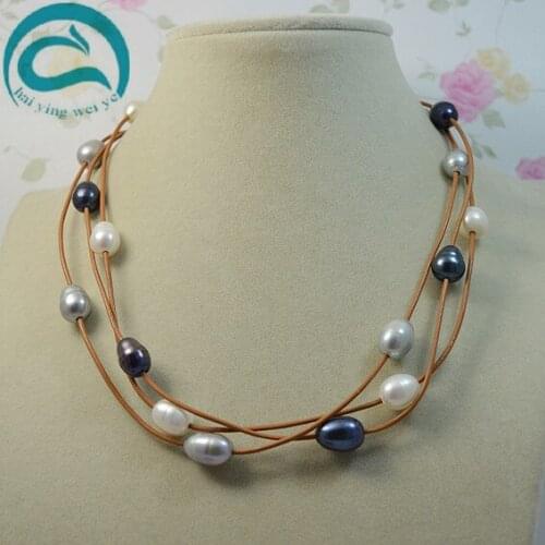 Real Leather Pearl Necklace White Gray Black AA 10-11MM Freshwater Pearl Brown Leather Necklace Woman Fine Jewelry